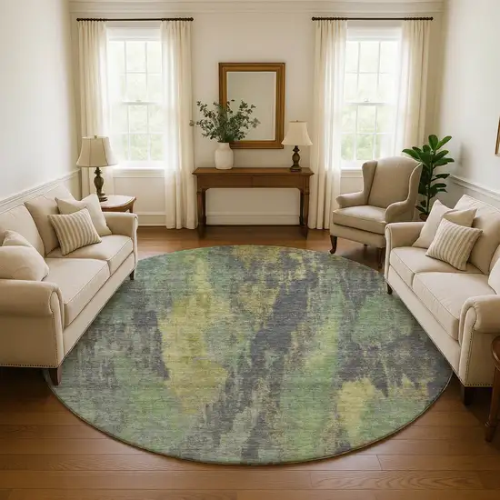 8' Green Gray And Gold Abstract Washable Round Rug With UV Protection Photo 3
