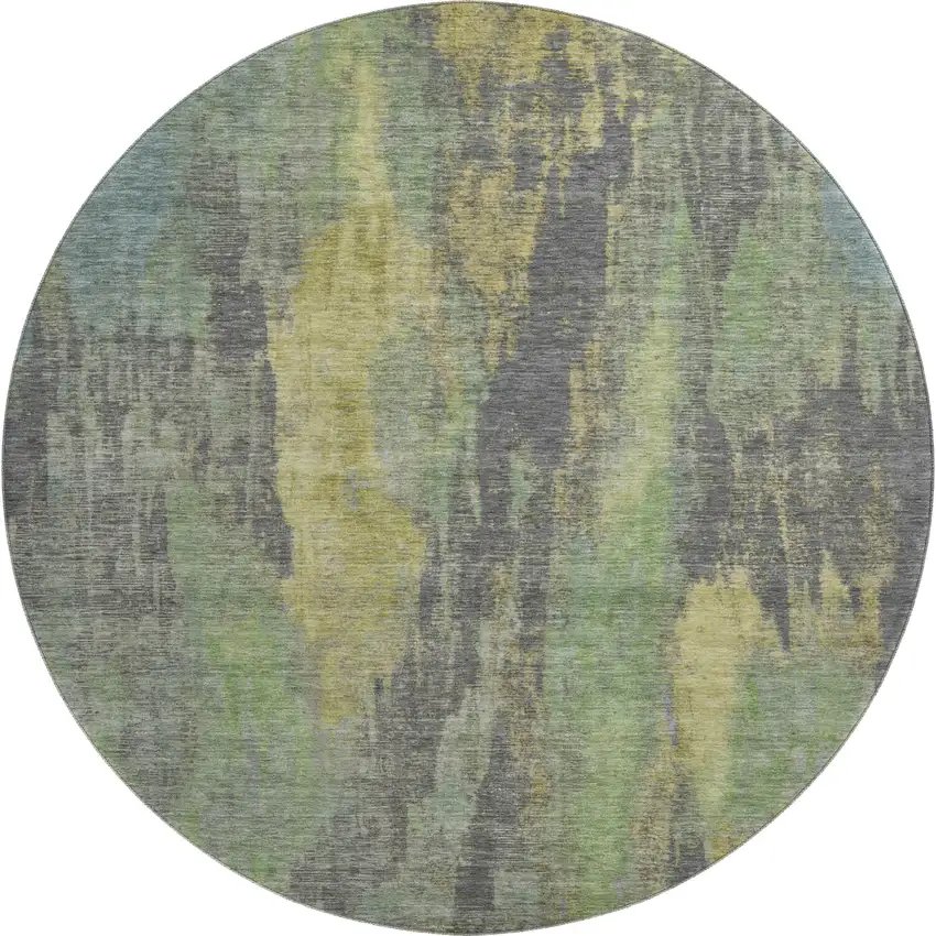 8' Green Gray And Gold Abstract Washable Round Rug With UV Protection Photo 1