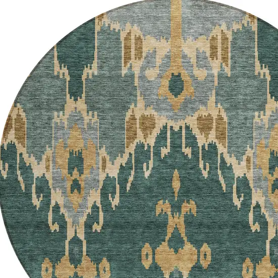 8' Green Gray And Gold Round Ikat Washable Indoor Outdoor Area Rug Photo 5