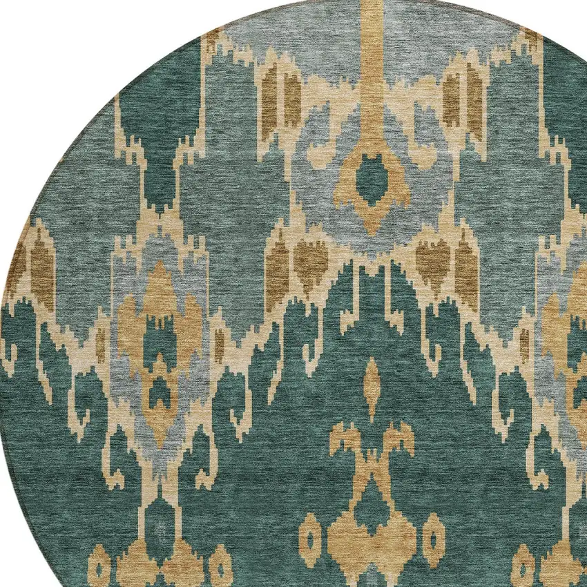8' Green Gray And Gold Round Ikat Washable Indoor Outdoor Area Rug Photo 5