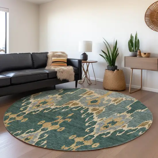 8' Green Gray And Gold Round Ikat Washable Indoor Outdoor Area Rug Photo 8