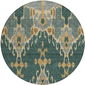 Photo of 8' Green Gray And Gold Round Ikat Washable Indoor Outdoor Area Rug