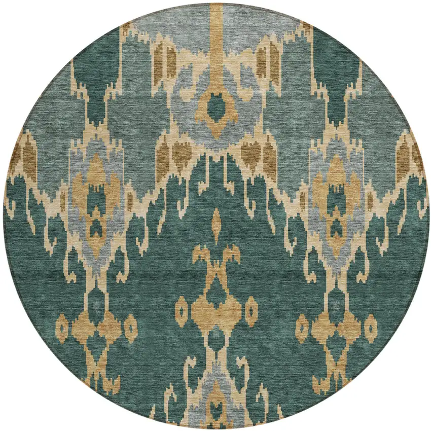 8' Green Gray And Gold Round Ikat Washable Indoor Outdoor Area Rug Photo 1