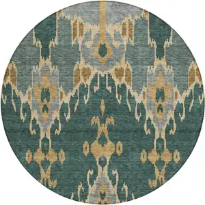Photo of 8' Green Gray And Gold Round Ikat Washable Indoor Outdoor Area Rug