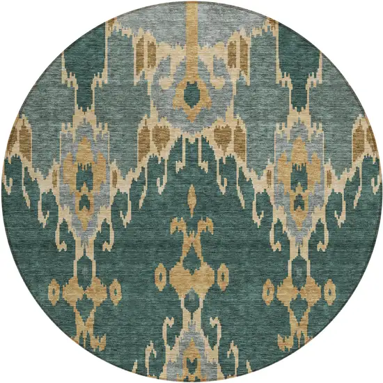 8' Green Gray And Gold Round Ikat Washable Indoor Outdoor Area Rug Photo 1
