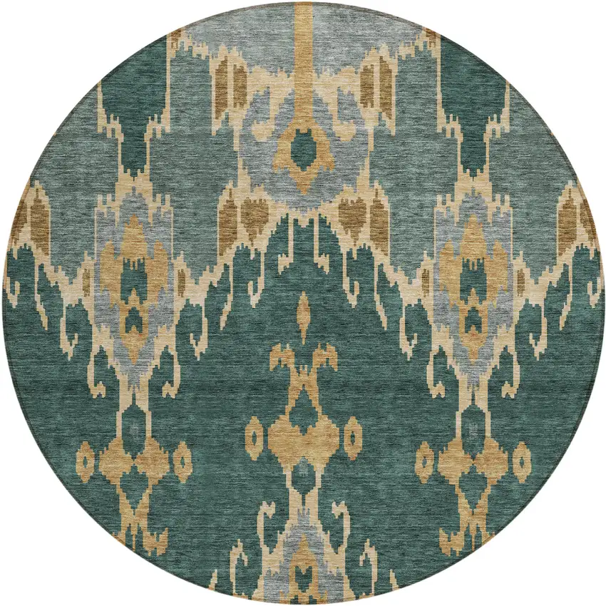 8' Green Gray And Gold Round Ikat Washable Indoor Outdoor Area Rug Photo 1