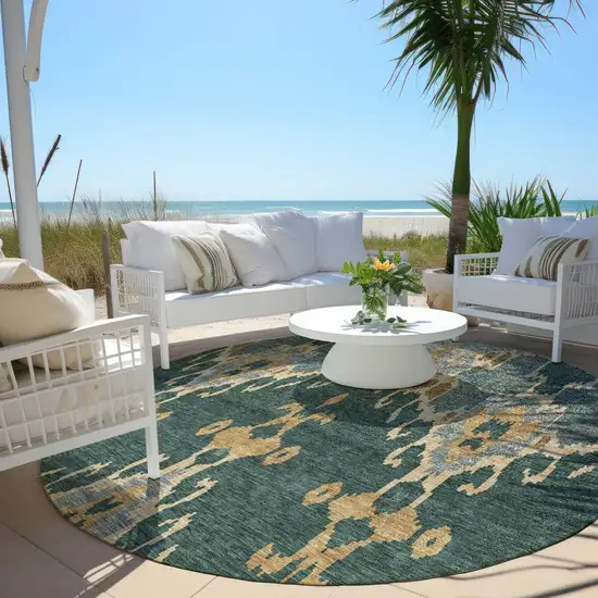 8' Green Gray And Gold Round Ikat Washable Indoor Outdoor Area Rug Photo 7
