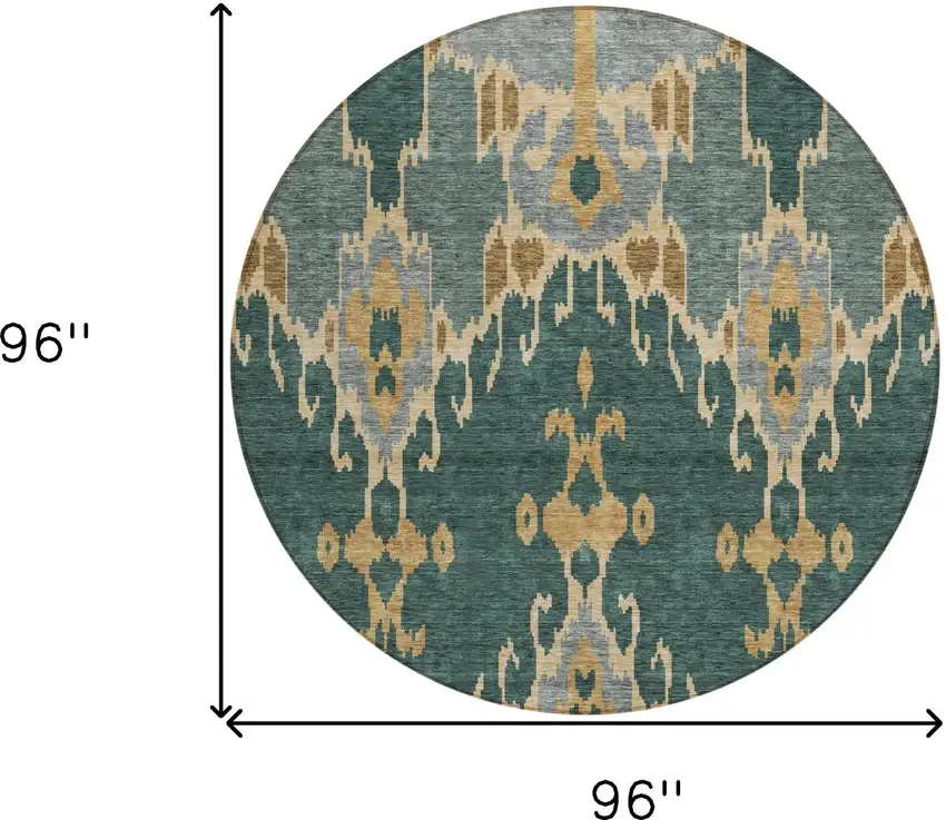 8' Green Gray And Gold Round Ikat Washable Indoor Outdoor Area Rug Photo 9