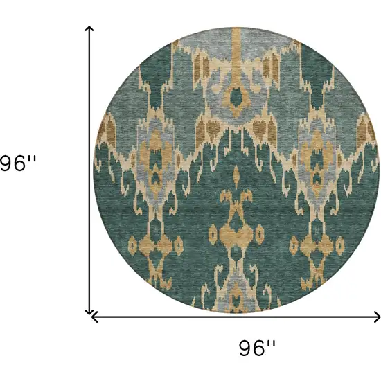 8' Green Gray And Gold Round Ikat Washable Indoor Outdoor Area Rug Photo 9