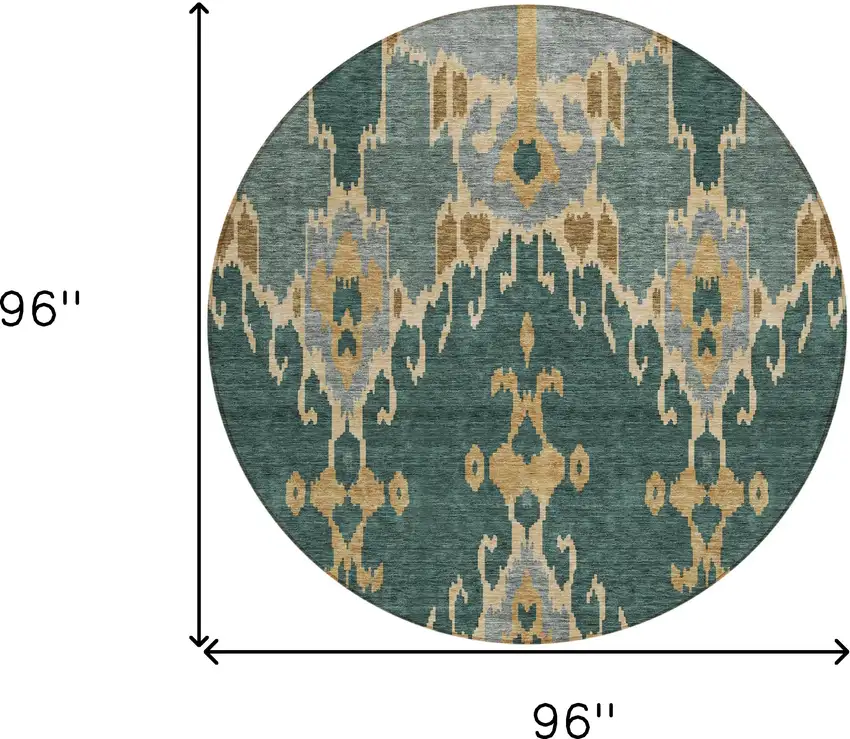 8' Green Gray And Gold Round Ikat Washable Indoor Outdoor Area Rug Photo 9