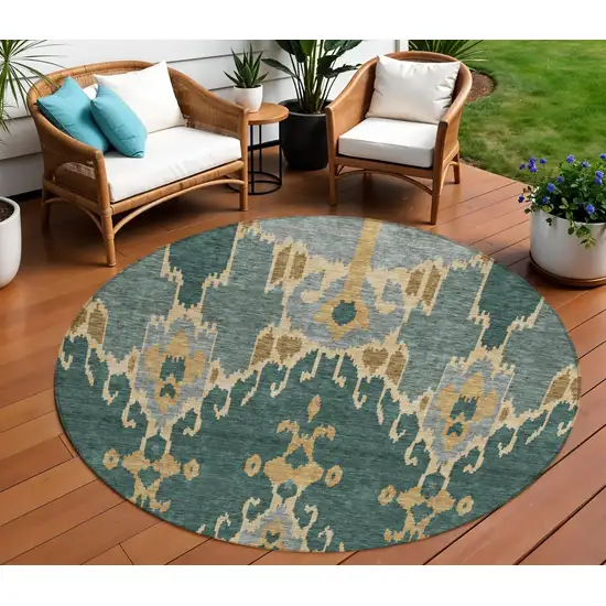 8' Green Gray And Gold Round Ikat Washable Indoor Outdoor Area Rug Photo 1