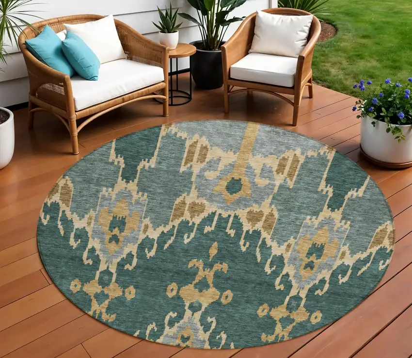 8' Green Gray And Gold Round Ikat Washable Indoor Outdoor Area Rug Photo 1