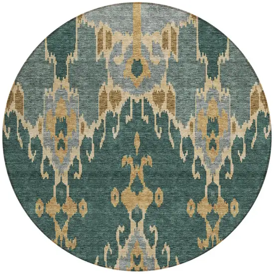 8' Green Gray And Gold Round Ikat Washable Indoor Outdoor Area Rug Photo 6