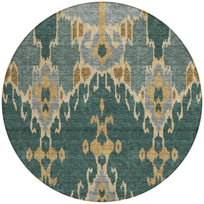 8' Green Gray And Gold Round Ikat Washable Indoor Outdoor Area Rug Photo 6