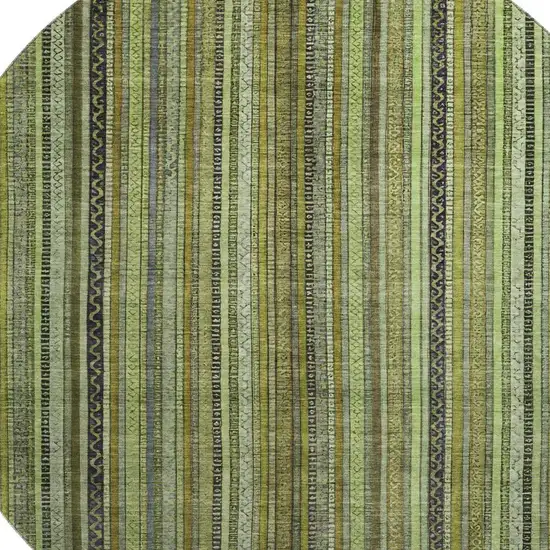 8' Green Gray And Gold Striped Washable Round Rug With UV Protection Photo 2