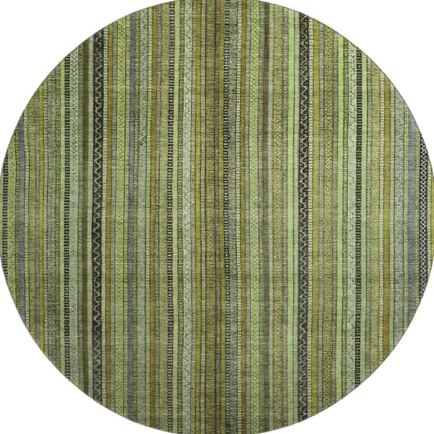 8' Green Gray And Gold Striped Washable Round Rug With UV Protection Photo 3