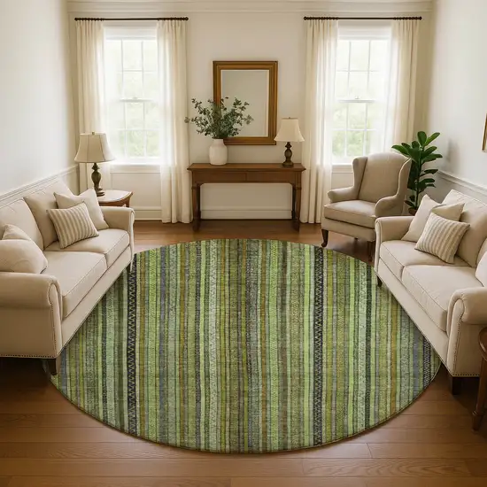 8' Green Gray And Gold Striped Washable Round Rug With UV Protection Photo 4