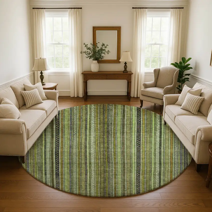 8' Green Gray And Gold Striped Washable Round Rug With UV Protection Photo 4