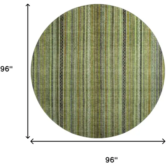 8' Green Gray And Gold Striped Washable Round Rug With UV Protection Photo 9