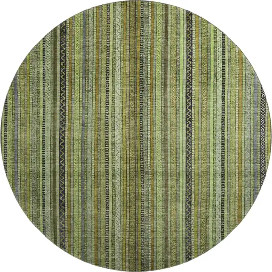 8' Green Gray And Gold Striped Washable Round Rug With UV Protection Photo 1