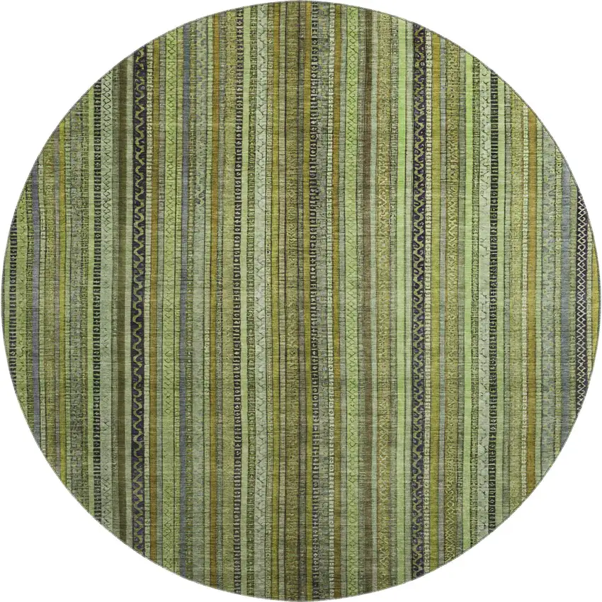 8' Green Gray And Gold Striped Washable Round Rug With UV Protection Photo 1