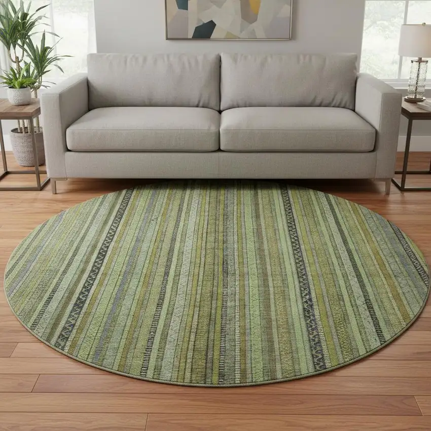 8' Green Gray And Gold Striped Washable Round Rug With UV Protection Photo 2