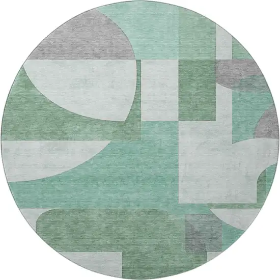8' Green Gray And Ivory Abstract Geometric Washable Round Rug With UV Protection Photo 3