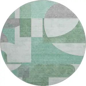 Photo of 8' Green Gray And Ivory Abstract Geometric Washable Round Rug With UV Protection