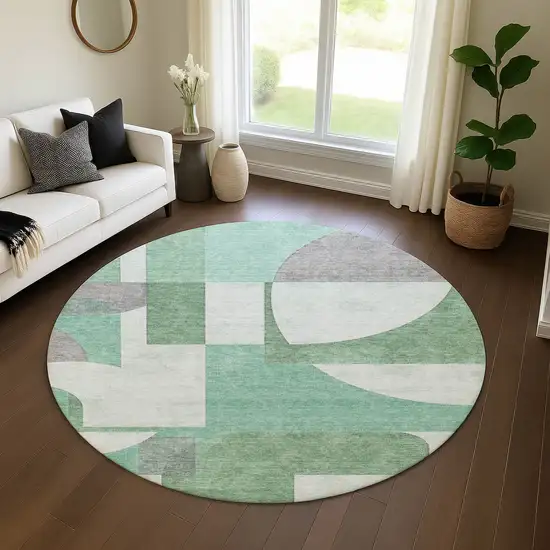 8' Green Gray And Ivory Abstract Geometric Washable Round Rug With UV Protection Photo 4
