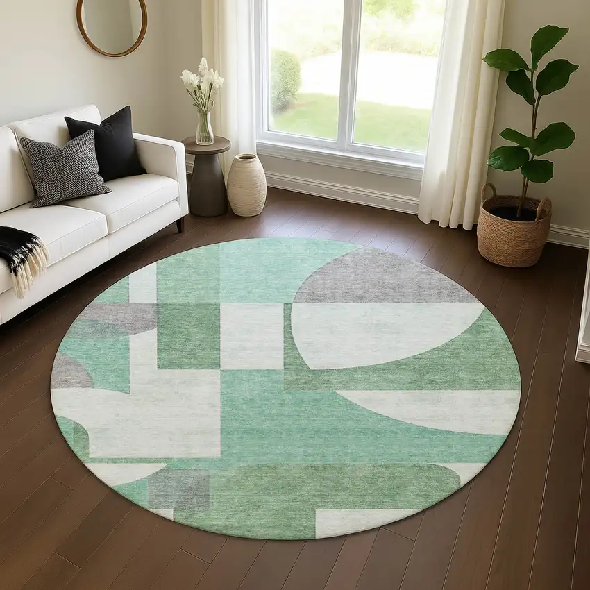 8' Green Gray And Ivory Abstract Geometric Washable Round Rug With UV Protection Photo 4