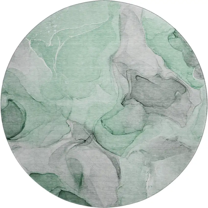 8' Green Gray And Ivory Abstract Washable Round Rug With UV Protection Photo 1