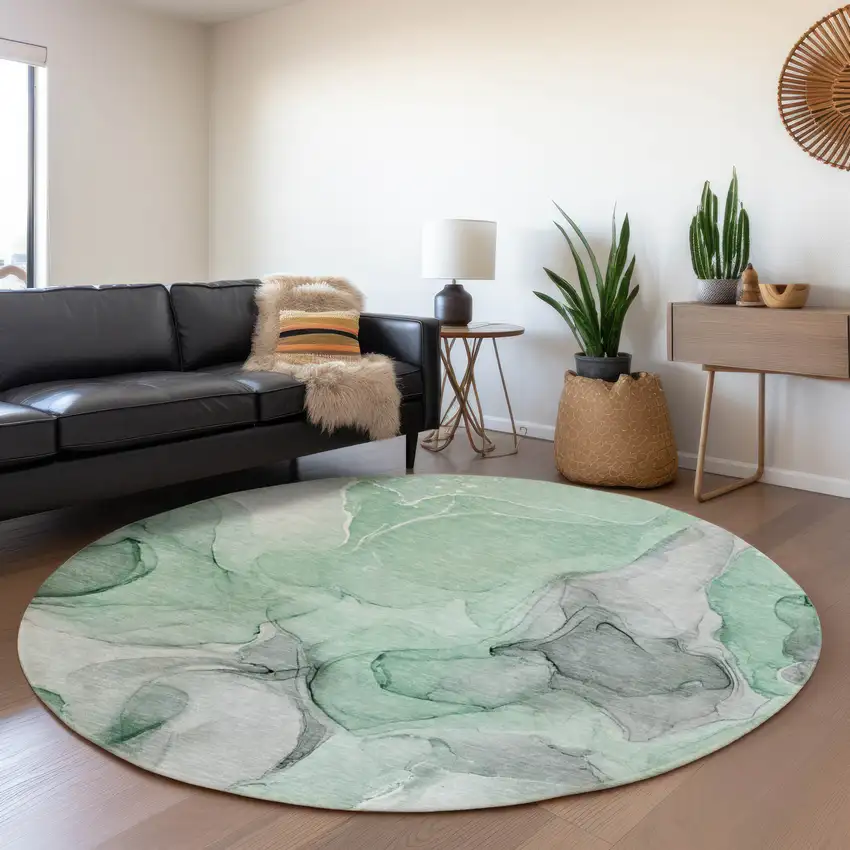 8' Green Gray And Ivory Abstract Washable Round Rug With UV Protection Photo 5