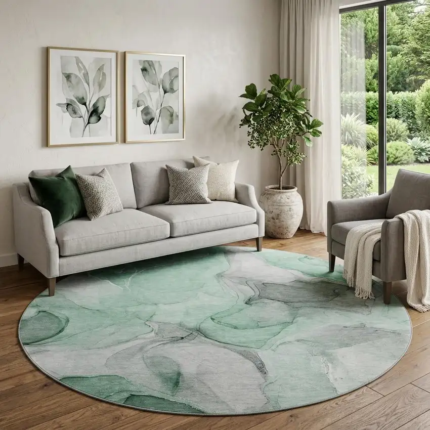 8' Green Gray And Ivory Abstract Washable Round Rug With UV Protection Photo 1