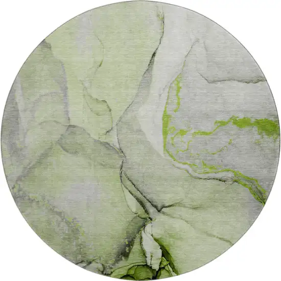 8' Green Gray And Ivory Abstract Washable Round Rug With UV Protection Photo 1