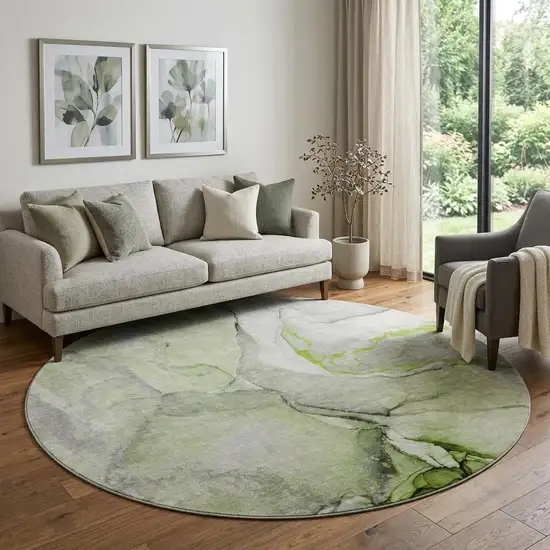 8' Green Gray And Ivory Abstract Washable Round Rug With UV Protection Photo 1