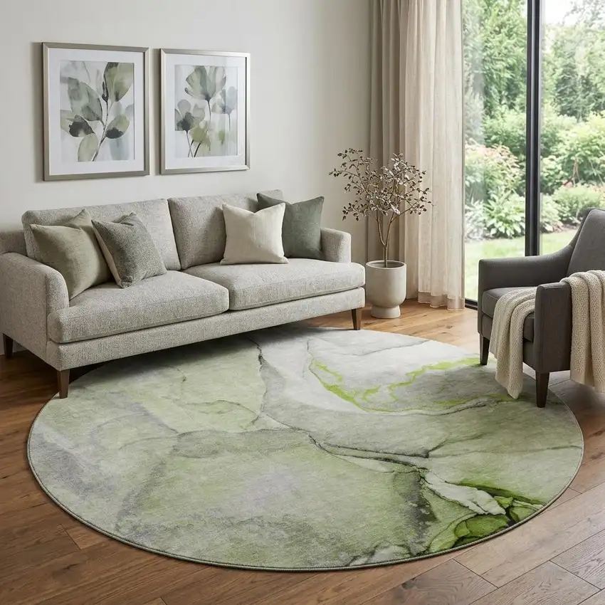 8' Green Gray And Ivory Abstract Washable Round Rug With UV Protection Photo 1