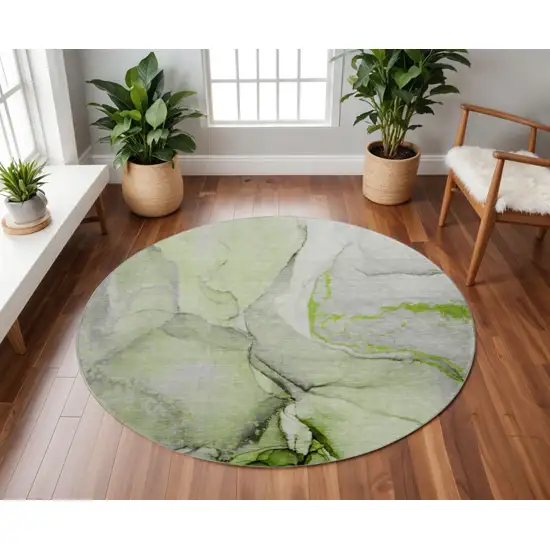 8' Green Gray And Ivory Abstract Washable Round Rug With UV Protection Photo 2