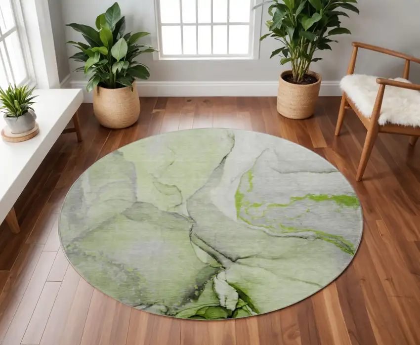 8' Green Gray And Ivory Abstract Washable Round Rug With UV Protection Photo 2