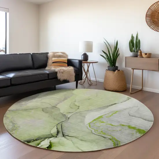 8' Green Gray And Ivory Abstract Washable Round Rug With UV Protection Photo 5
