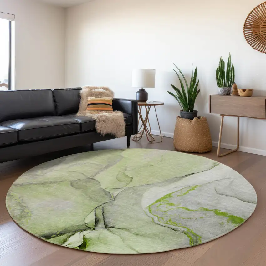8' Green Gray And Ivory Abstract Washable Round Rug With UV Protection Photo 5