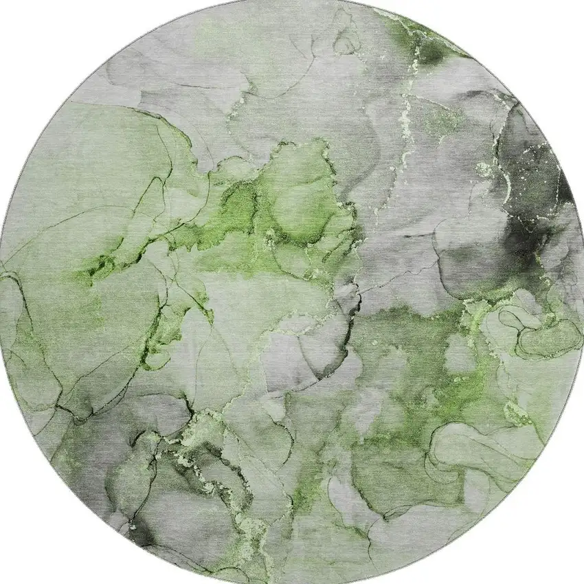 8' Green Gray And Ivory Abstract Washable Round Rug With UV Protection Photo 4
