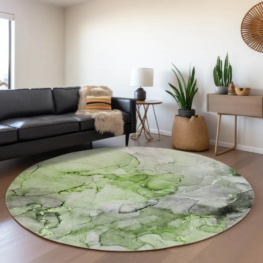 8' Green Gray And Ivory Abstract Washable Round Rug With UV Protection Photo 5