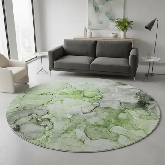 8' Green Gray And Ivory Abstract Washable Round Rug With UV Protection Photo 2