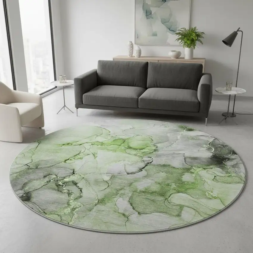 8' Green Gray And Ivory Abstract Washable Round Rug With UV Protection Photo 2