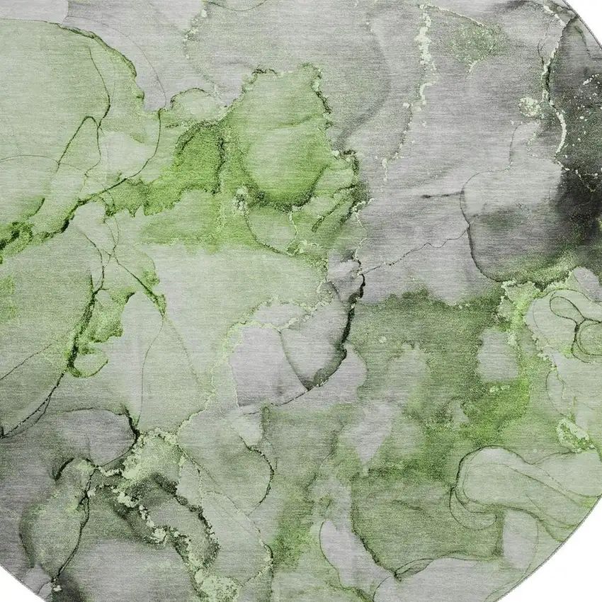 8' Green Gray And Ivory Abstract Washable Round Rug With UV Protection Photo 3