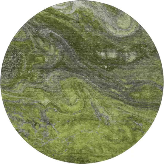 8' Green Gray And Ivory Abstract Washable Round Rug With UV Protection Photo 4