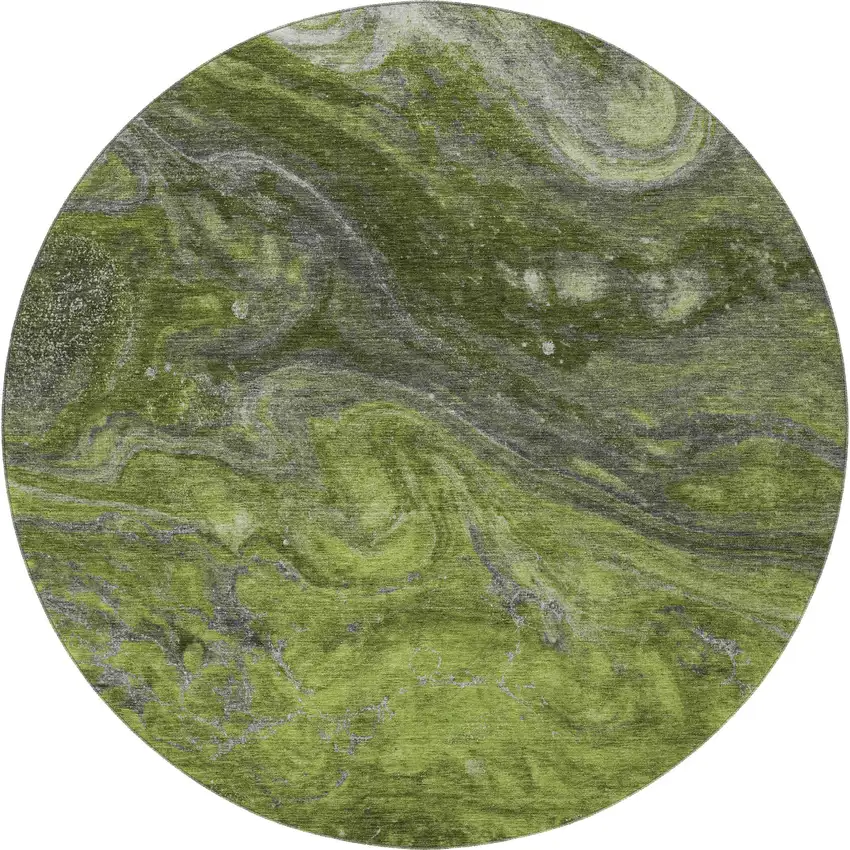 8' Green Gray And Ivory Abstract Washable Round Rug With UV Protection Photo 4