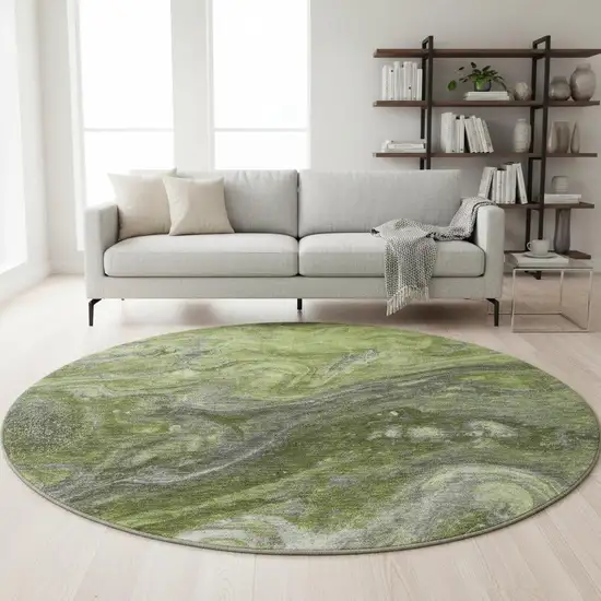 8' Green Gray And Ivory Abstract Washable Round Rug With UV Protection Photo 2