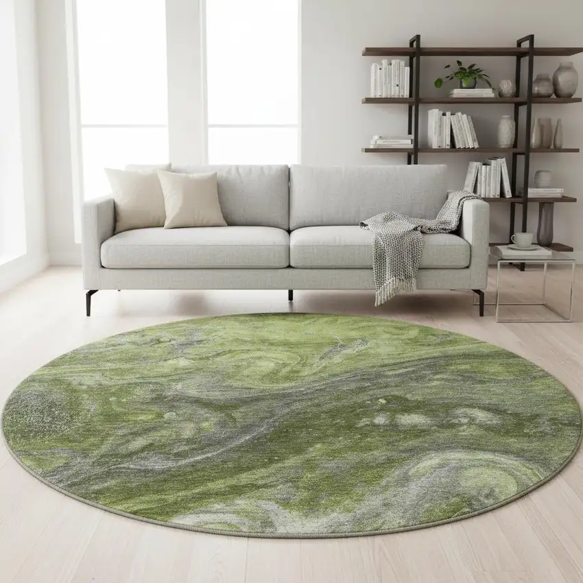 8' Green Gray And Ivory Abstract Washable Round Rug With UV Protection Photo 2