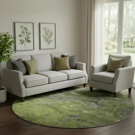 8' Green Gray And Ivory Abstract Washable Round Rug With UV Protection Photo 1